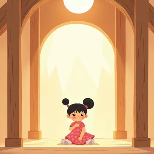 A flat-style illustration of a wooden house with soft golden light. A little girl sits quietly on the wooden floor, holding her chest. She wears a pink dress with polka dots. The environment is peaceful with gentle shadows. One column is missing. The girl shows inner sadness through posture.