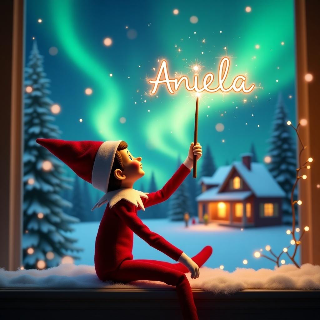 Elf on the shelf gazes skyward. Holds a glowing wand emitting sparkles. Background with colorful northern lights and cozy decorated house. Snow covers ground. Elf embodies magic of Christmas. Name 'Aniela' in glowing script.