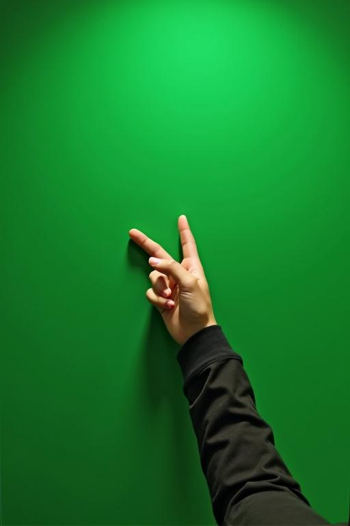 Hand making a peace sign against a bright green background. The image features a single hand raised in a symbol of peace. Green screen used for effects.