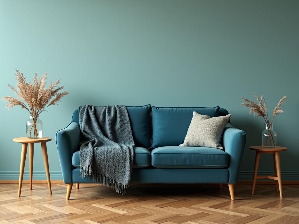 This image showcases a cozy living room setting. The walls are painted a calming teal color, creating a serene atmosphere. In the center, there is a stylish two-seater sofa upholstered in a rich blue fabric. The sofa is adorned with a textured throw blanket and a decorative pillow for added comfort. To one side, there is a small wooden side table with a clear vase holding dried flowers. The floor features a beautifully patterned wooden finish, adding warmth to the space. Overall, this room invites relaxation and a sense of home.