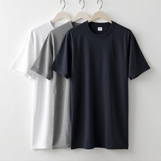 Studio shot featuring three clean t-shirts in white grey and black. T-shirts displayed hanging. Focus on fabric texture and shape. Clean background emphasizing products. Realistic product photography style.