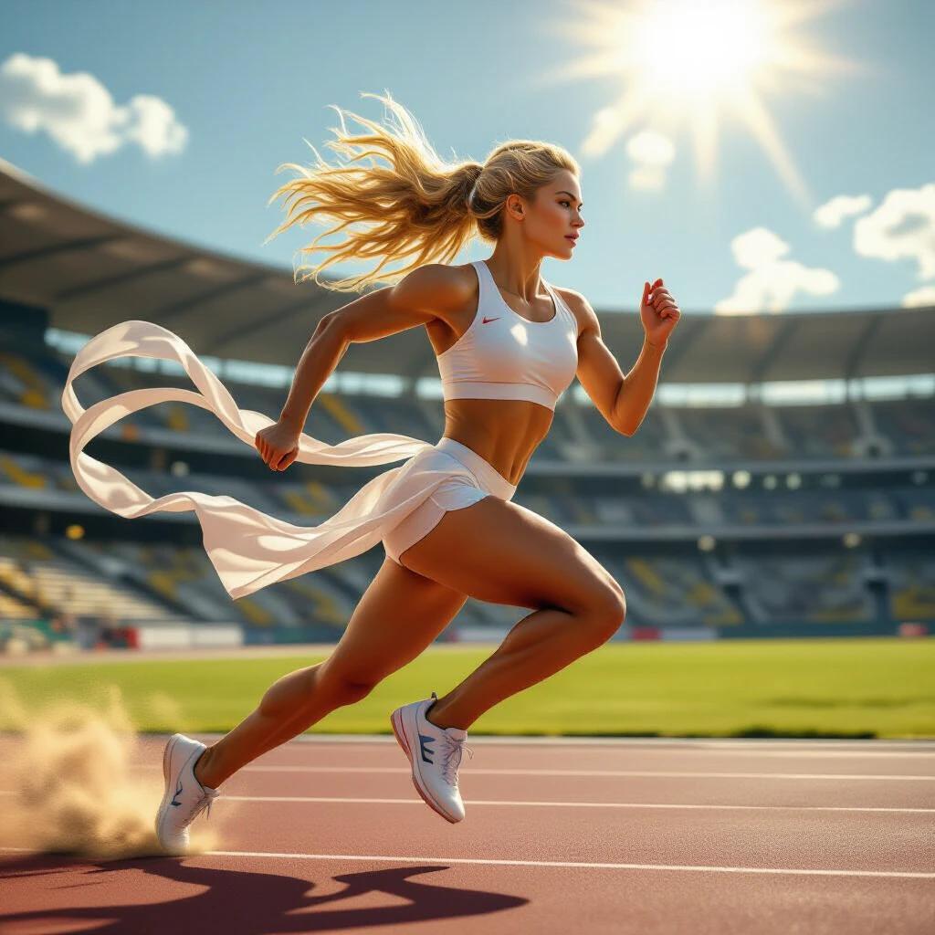 A goddess inspired by Atalanta from Greek mythology sprints across a modern sports ground. Golden hair flows in the wind with a divine aura. Realistic muscle motion and dust rising at her feet alongside magical wind swirling like ribbons. Light fantasy-style athletic outfit in golden sunlight. Snapshot of mythological sports day showing speed strength and elegance.