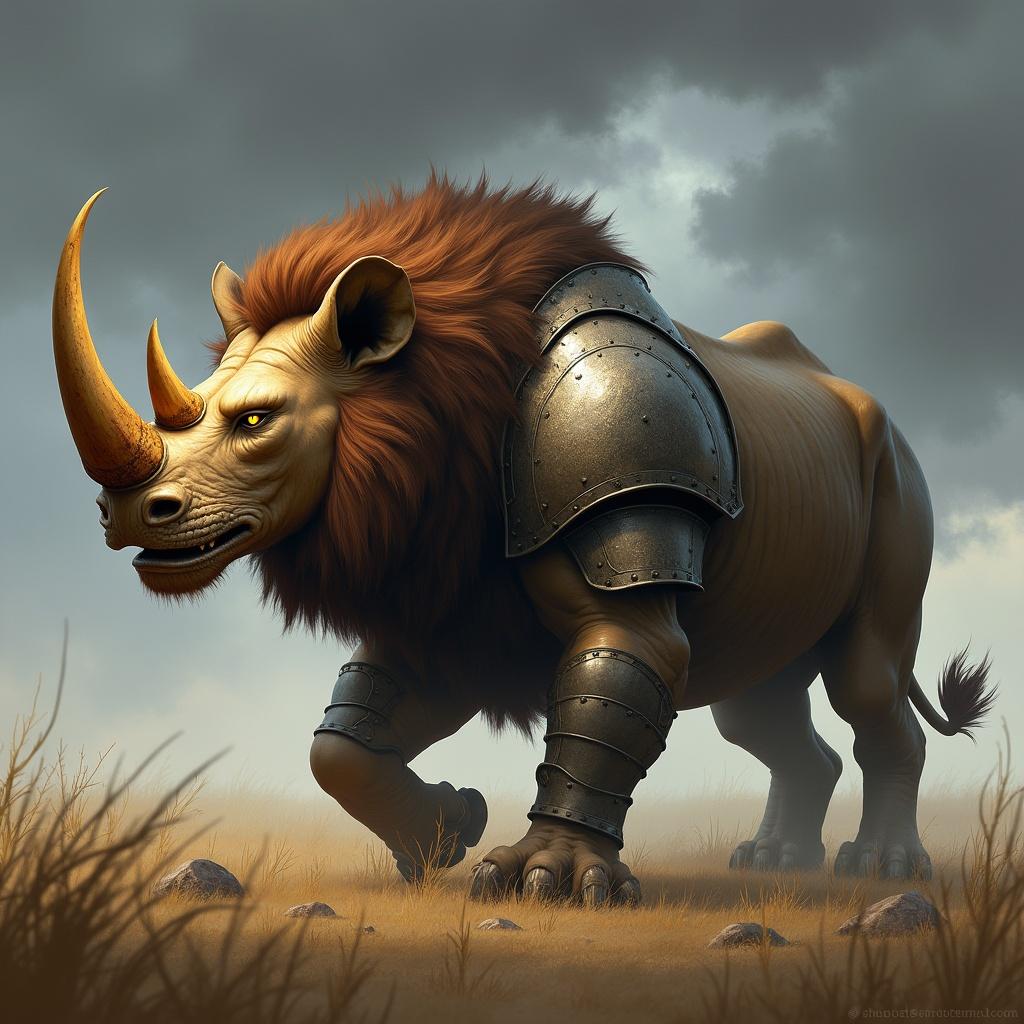 Hybrid creature combines lion and rhinoceros. Muscular body with thick armored hide. Fierce expression merges lion's face with rhino's horn. Features sharp fangs and glowing eyes. Bulkier body includes thick horn on forehead. Mane integrates into armored plates. Setting is stormy savanna background.