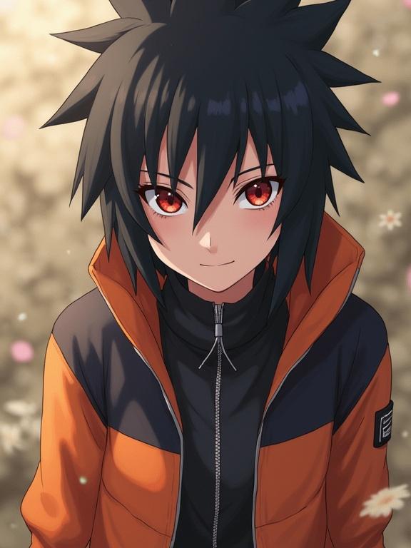 Anime character with spiky black hair wearing an orange jacket and a black top. Character has red eyes and a playful expression. Background has soft, warm colors with flowers, creating a dreamy atmosphere.