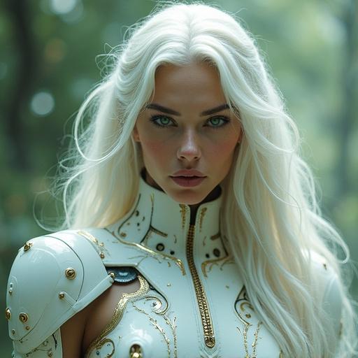 A cybernetic sorceress with porcelain armor featuring gold details and long flowing hair. She has green eyes and emanates an enigmatic aura. The background includes an ethereal environment.