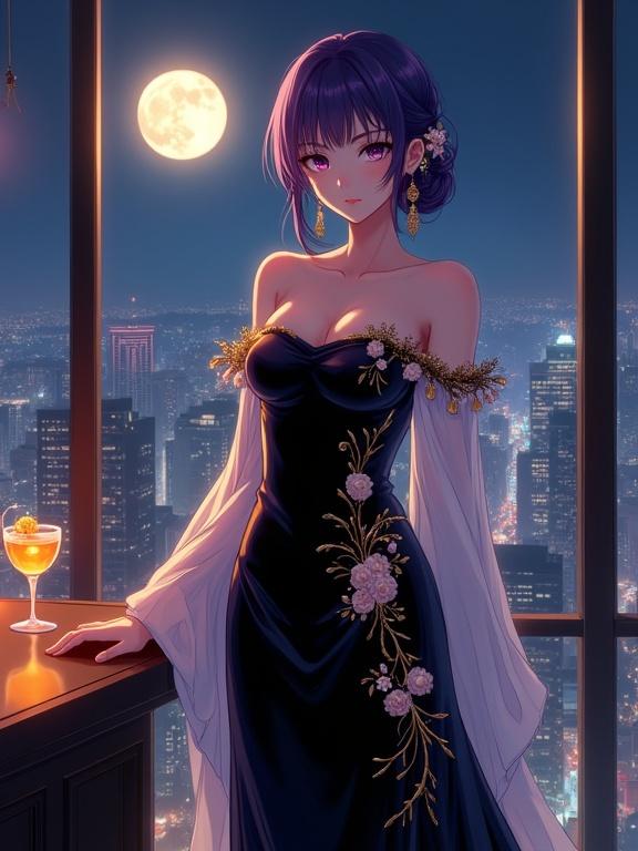 A stunning lady stands gracefully in front of a large window. She faces the viewer with an elegant expression. The lady wears an off-the-shoulder black gown with golden floral embroidery. White sheer sleeves add movement to her silhouette. Her violet hair is styled with gold flowers. Elegant earrings shimmer in the lighting. A vibrant cocktail sits on the counter. The city skyline is visible through the window, illuminated by the full moon. The image has a semi-anime aesthetic with detailed textures and romantic atmosphere.