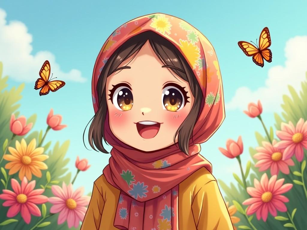 This image features a cheerful girl wearing a colorful hijab, surrounded by a vibrant garden of flowers and butterflies. She has large, expressive eyes that convey joy. The setting is bright, with a blue sky and soft clouds in the background. The flowers vary in type and color, adding to the overall cheerful atmosphere. This illustration could appeal to children and promote diversity. The style is reminiscent of popular anime, making it engaging for a younger audience.