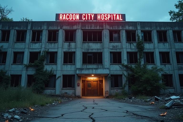 Wide shot of Raccoon City Hospital. The building has cracked and stained concrete walls. Shattered windows are dark. An erratically flickering neon sign is above the entrance. Vines climb the walls. Rubble is on the cracked pavement. Dusk light casts long shadows. Nearby fires faintly glow, highlighting decay. Chilling stillness hints at horrors inside.