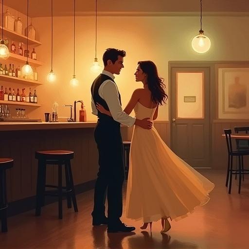 Couple dancing in a vintage inspired bar. Digital painting with minimalist features. Soft textured brush strokes create warm muted tones and subtle canvas texture. Oil painting effect with painterly shading and soft light transitions.