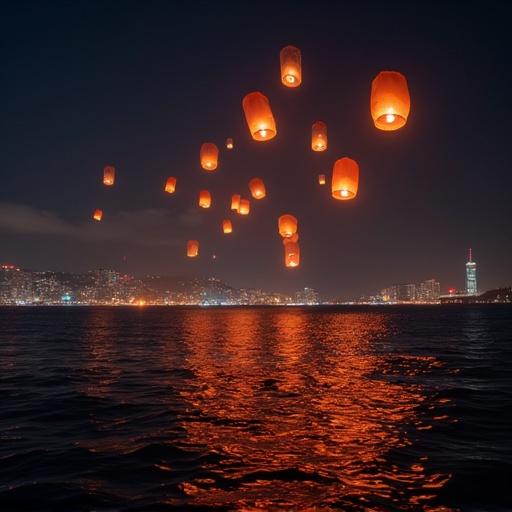 Taiwanese lanterns released into the dark sky at midnight over the ocean with a city view