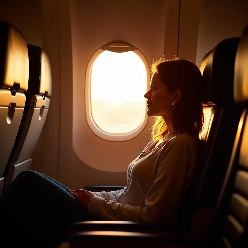 A person sits comfortably by the window of an airplane. Warm sunlight illuminates them from the outside.