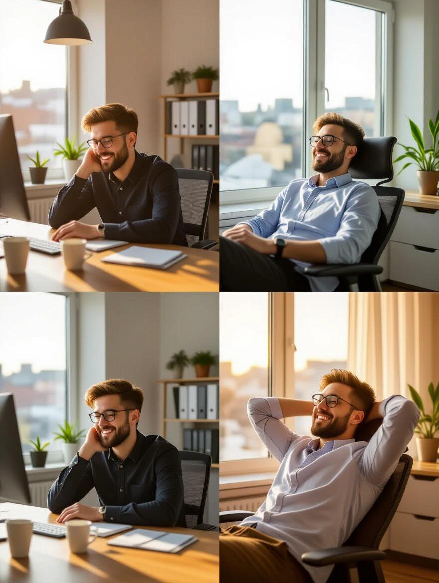 Split composition showing a person at a work desk looking tired on the left and relaxed and happy on the right side in a dream scenario. Natural lighting used on both sides with warm colors. Photorealistic and creative storytelling composition.