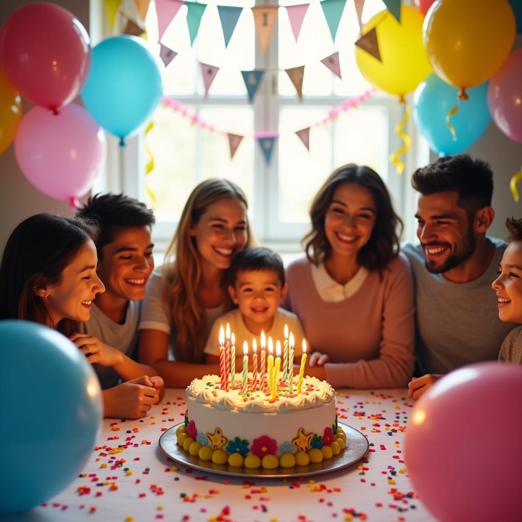 People celebrating a birthday at a table filled with decorations and a cake. Colorful balloons hanging in the background. Guests smiling and enjoying the celebration. Candles on the cake are lit.