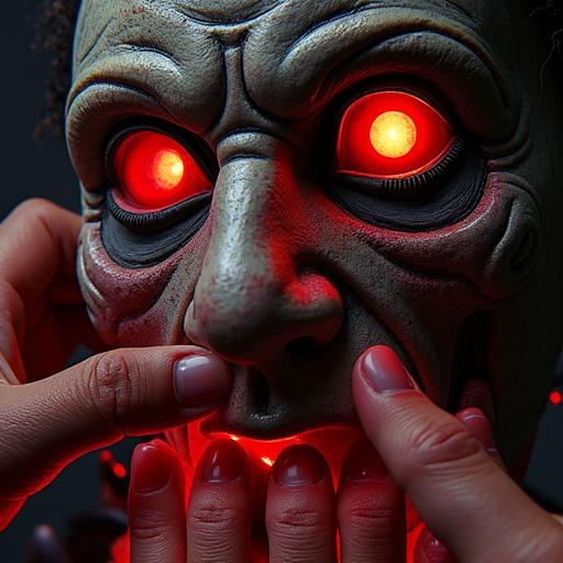 Image shows a close-up view from the nostrils of a mask. The mask has glowing eyes. Fake vomit spills over the lens. Hands from the audience reach for the mask. The background features a burning stage.