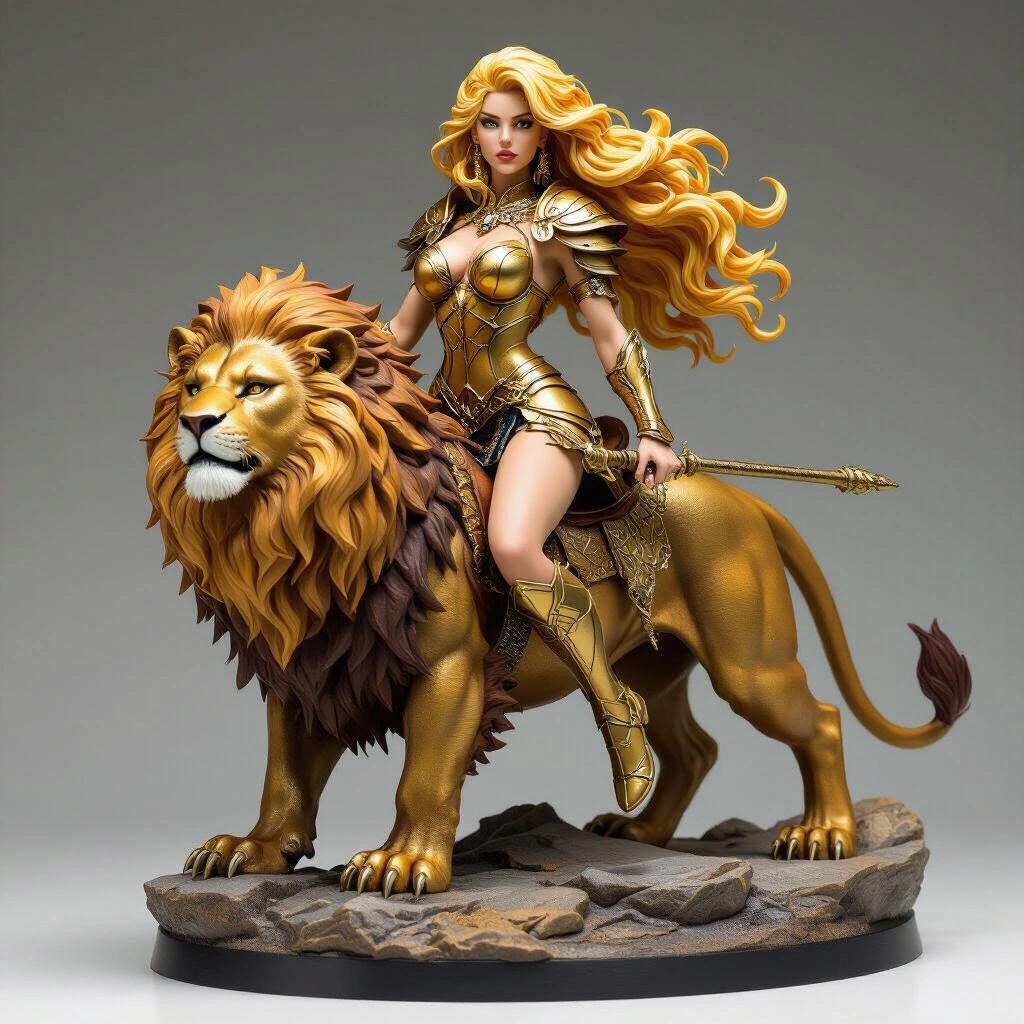 Ultra-detailed resin figure of a Leo-inspired goddess riding a lion. The figure has long, flowing golden hair and wears golden armor. The lion has a majestic mane and is on a rocky base. The character has a proud expression.