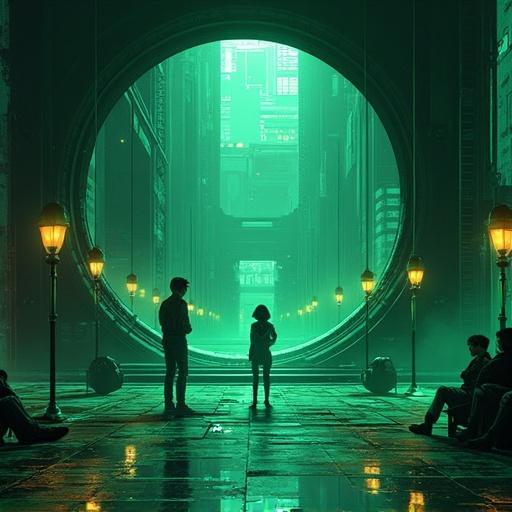 Anime style depicting a futuristic society within a black hole-themed research lab. Oversized and luxurious building with emerald green colors and black accents. Scene set in Shanghai underground with characters observing a circular doorway. Noon lighting and a science fiction theme.