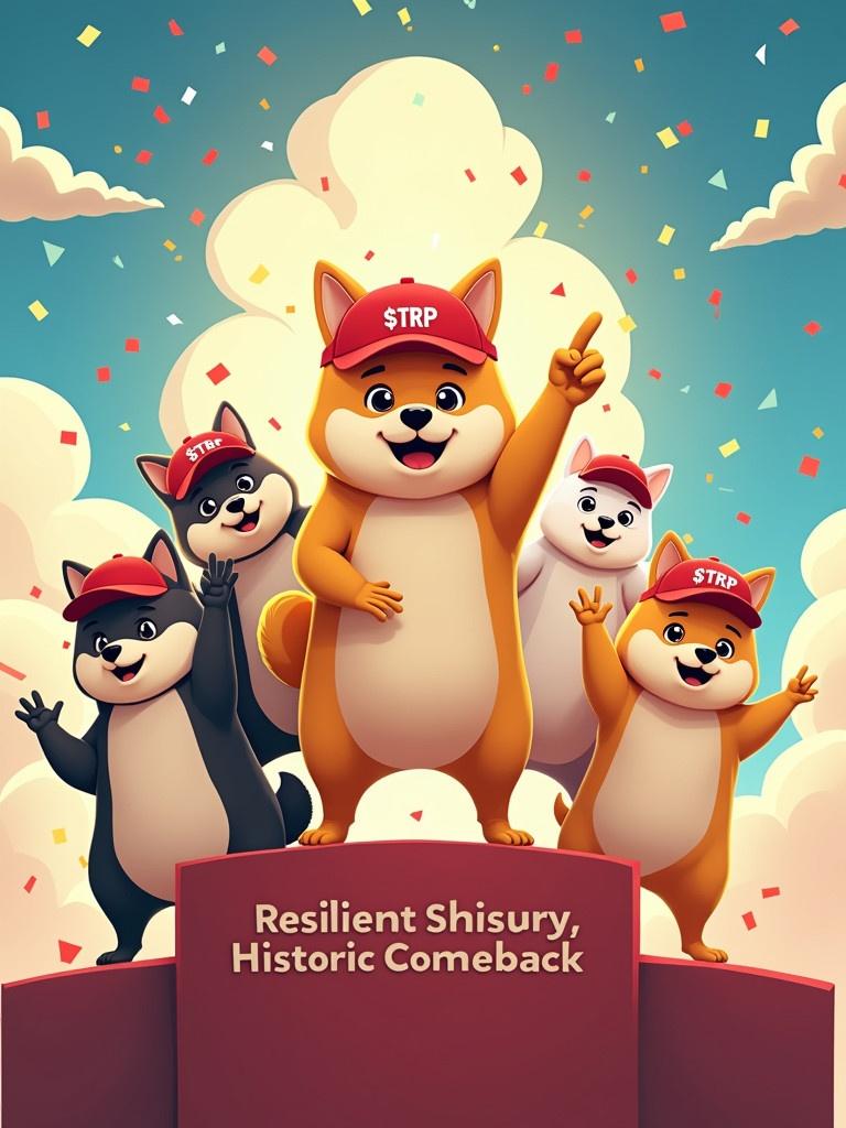 Vibrant meme featuring animated Shiba Inu characters. Different fur colors include golden, black, white, and brown. Each wears a red cap displaying '$TRP'. They gather on a podium under a sky filled with confetti and fireworks. The golden Shiba points forward, while others cheer. A background banner states: ‘Resilient Spirit, Historic Comeback’. Dialogue emphasizes new revolution, empowerment, and utility in cryptocurrency culture.