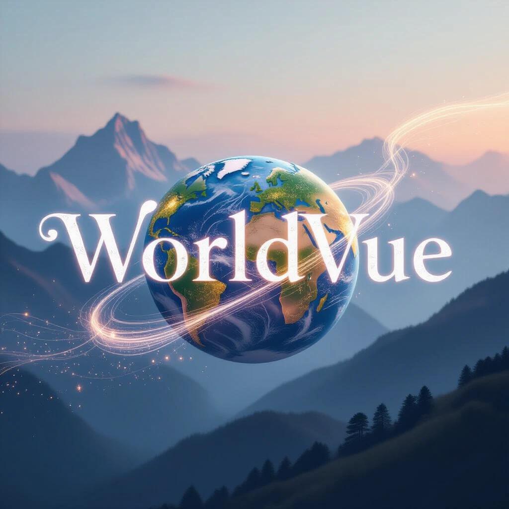 Highly stylized word WorldVue illuminated by ethereal wind of data. Silhouetted Earth glows amidst delicate particles and energy trails. Calm and contemplative atmosphere with soft pastels and ambient lighting.