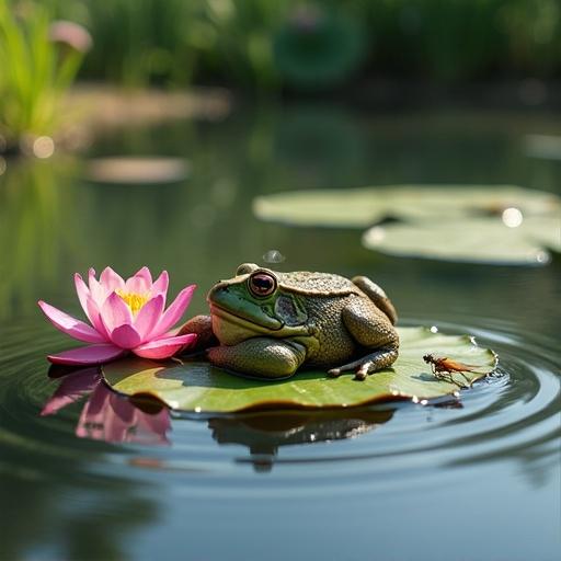 A frog lies on a lotus flower leaf. A colorful lotus flower blooms nearby. The background features green grass with small wildflowers. A dragonfly touches the water, creating small circular waves.