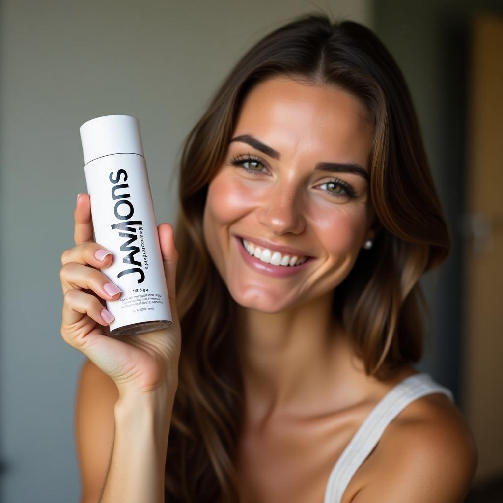 The image features a beautiful individual showcasing a beauty product known as a jaw exerciser. She has a radiant smile and is holding a vertical container, capturing the viewer's attention. The setting conveys a casual and inviting atmosphere. Soft lighting enhances her natural beauty and highlights the product's design. This photograph focuses on beauty and confidence, making it ideal for commercial applications.