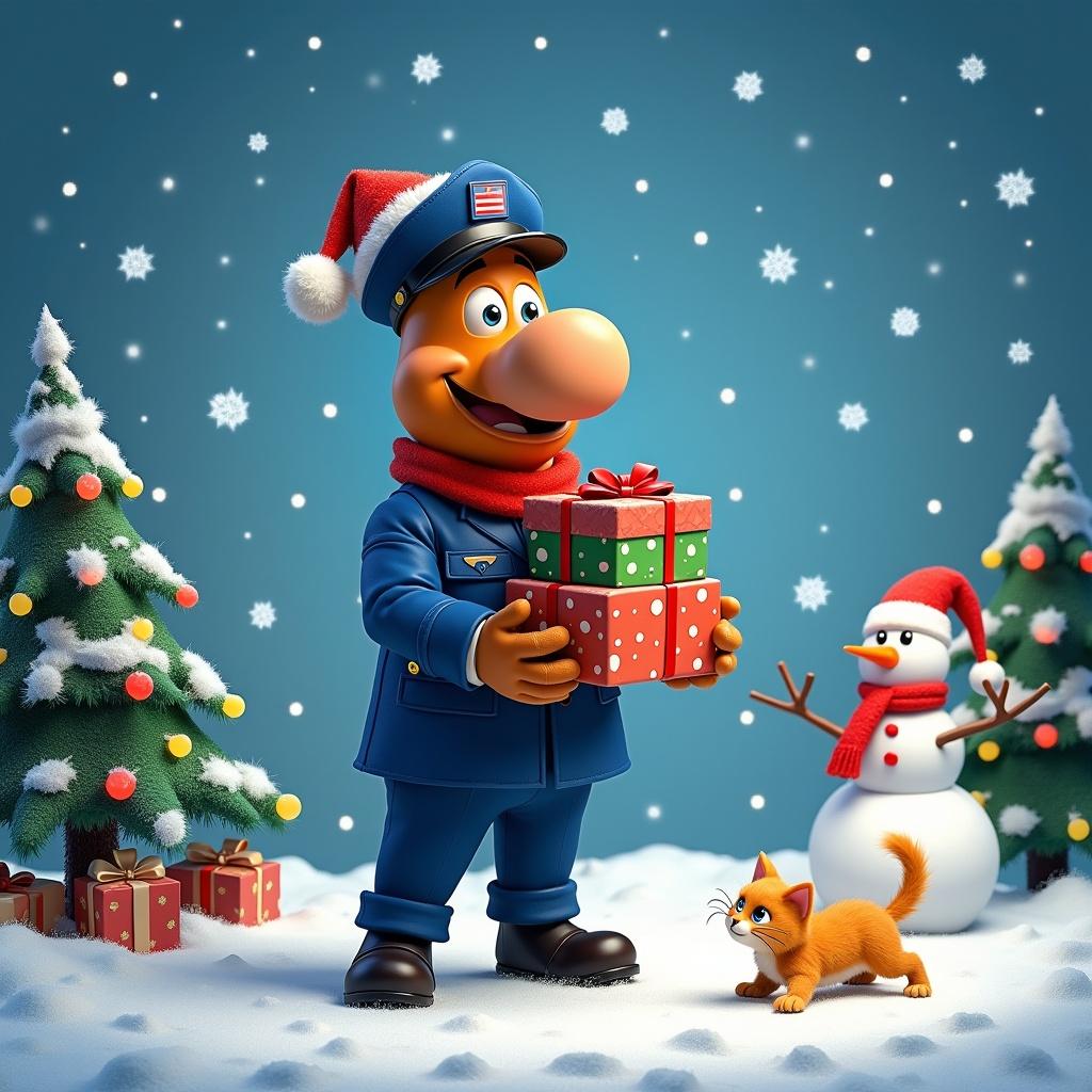 Postman character in a Christmas setting. Holding a gift with a snowy background. Surrounded by Christmas trees and a snowman. Small playful cat next to him. Colorful decorations and holiday spirit present.