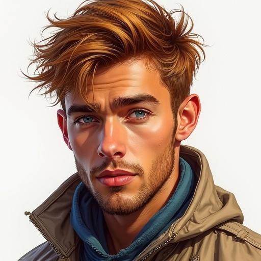 Illustrated semi-realistic drawing of young German man with blonde hair and blue eyes wearing a casual outfit.
