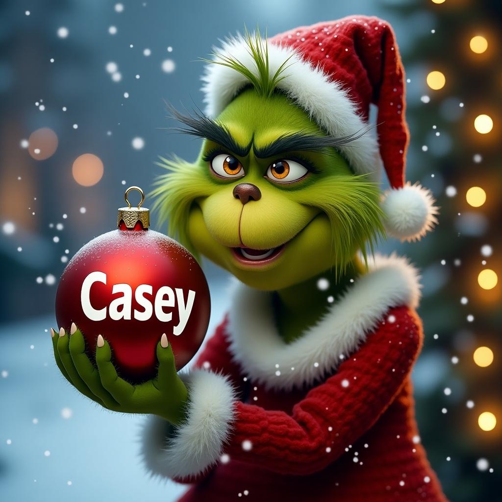 Grinch character holding Christmas bauble. Snowy background with Christmas lights. Bauble features the name Casey.