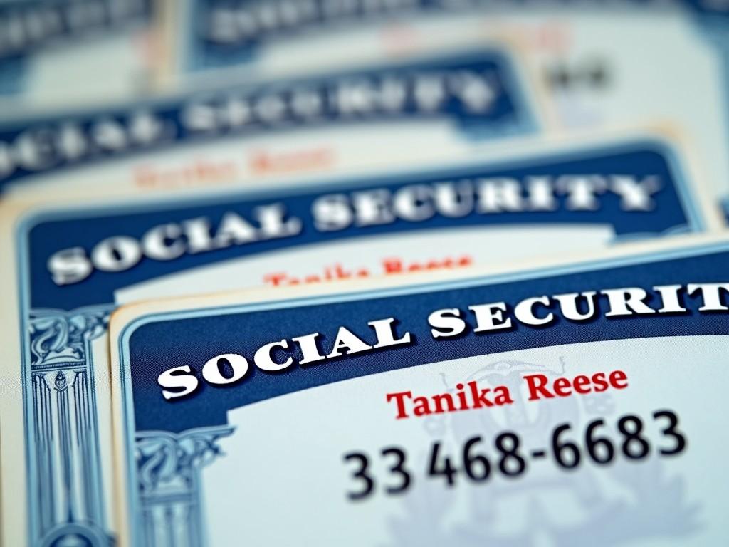 The image features a close-up view of multiple Social Security cards that display a name and social security number. The cards are designed in blue and white and showcase distinct lettering. The main focus is on the details of the cards, particularly the name 'Tanika Reese' and the Social Security number. This image aims to highlight the importance of social security documentation and the potential risks involved in identity theft. It serves as a reminder for individuals to safeguard their personal information.