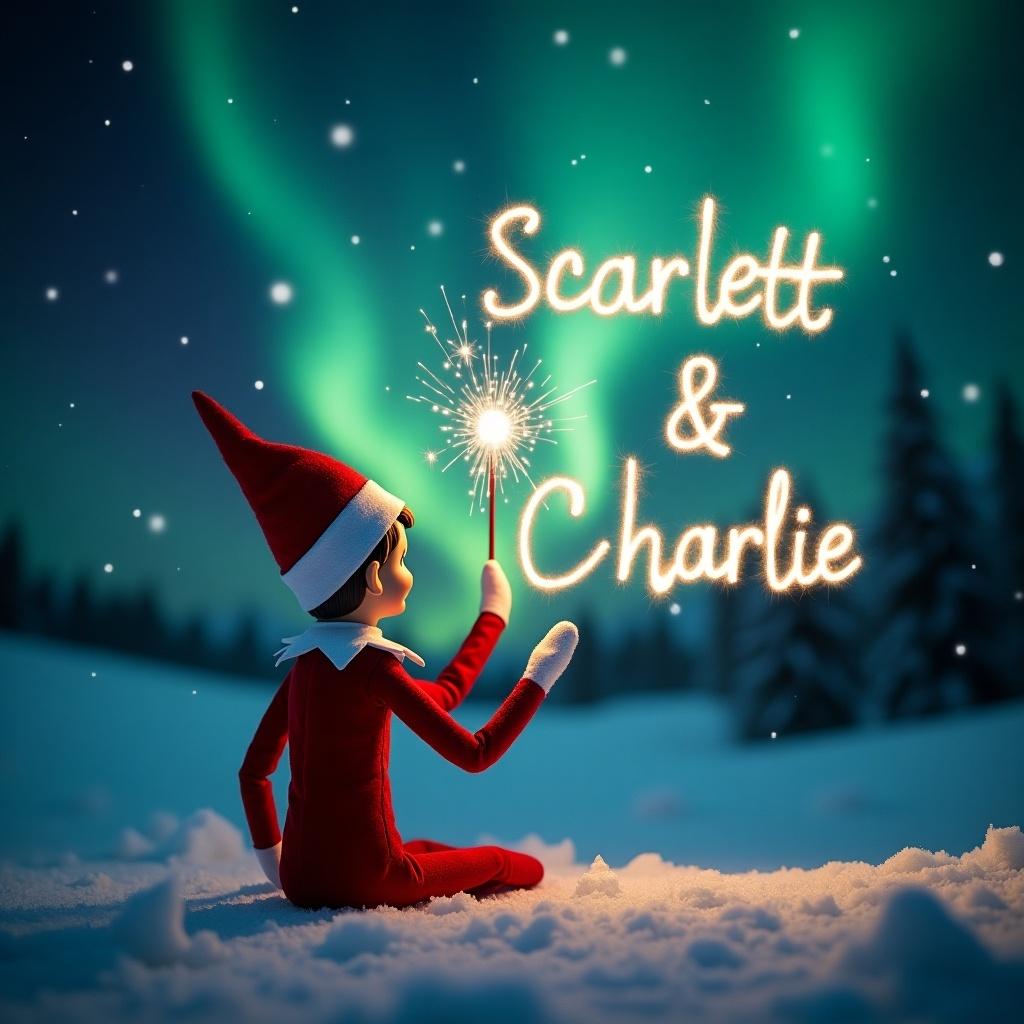 This image showcases an enchanting scene capturing an elf on the shelf positioned with its back to the viewer. The elf, dressed in a traditional red outfit, faces upwards towards a stunning dark sky filled with vibrant northern lights. With a magic wand in hand, it elegantly writes the names Scarlett and Charlie in sparkling letters against the backdrop. The snowy ground adds a serene touch to this magical moment. Overall, the atmosphere is filled with wonder and holiday joy, perfectly embodying the essence of Christmas.