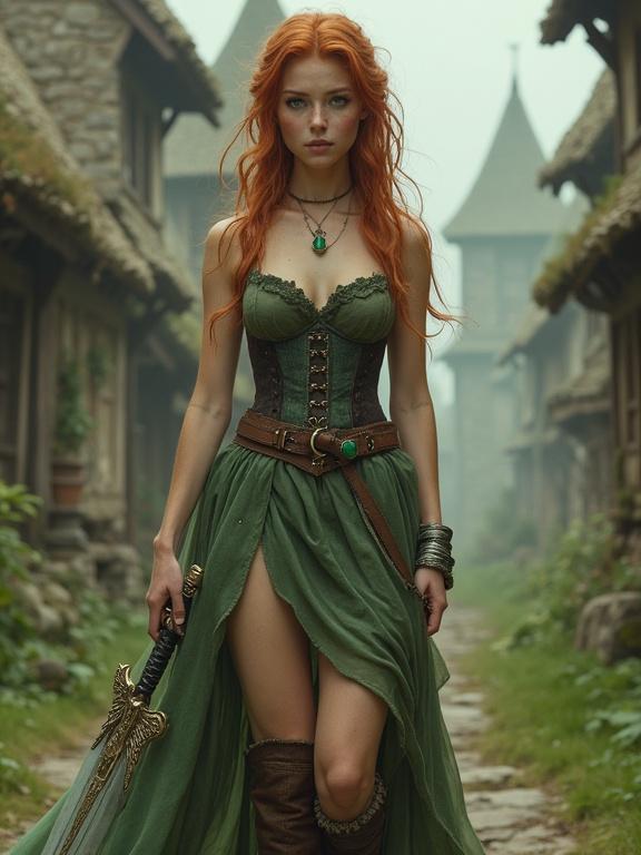 High fantasy scene featuring a girl in a corset dress with a split skirt. She has long auburn hair and green eyes. The setting is a medieval village. She carries a broken sword and wears an emerald ring. The image has dreamy lighting and depth of field details.