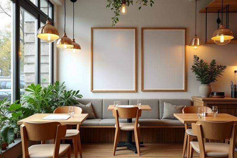 The café interior features an inviting setup with large windows. It has a wall with two empty frames. The room has plants enhancing relaxation. Wooden Italian tables and chairs create a modern look.