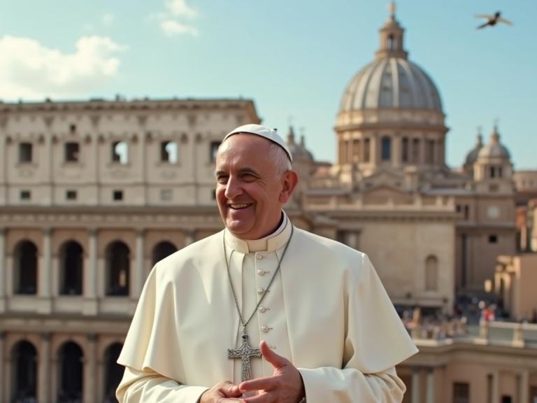 Pope Francis smiling warmly. Background features the Colosseum and Vatican architecture. Flying over the historic city of Rome.