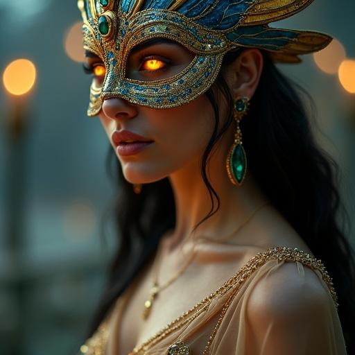 Close-up shot of an enchanting woman inspired by Egyptian goddess Isis at a masquerade ball. Ornate golden falcon-wing mask with glowing lapis lazuli and emeralds. Softly glowing eyes with wisdom and power. Sheer silk gown revealing graceful curves, catching the light. Delicate shadows accentuating her beauty. Faint glowing hieroglyphs in the background. Silver moonlight illuminating the scene.