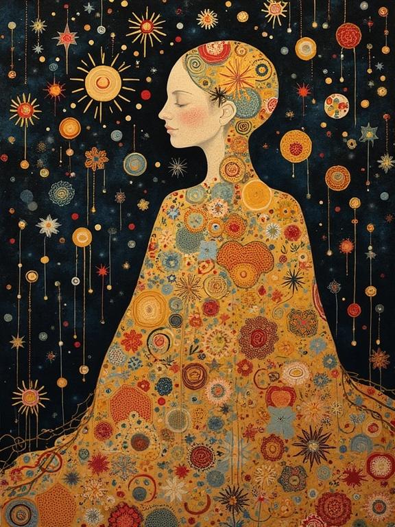 A full-body illustration featuring a woman with celestial patterns on her dress. The background is dark with stars and planets. The woman's profile is depicted elegantly.