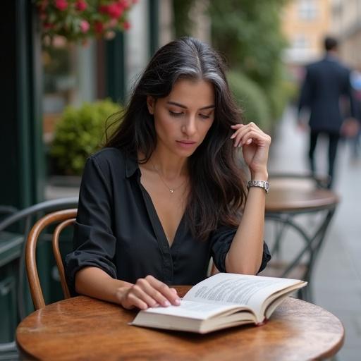 Realistic image of a woman sitting at a café table outside while reading a book. She has dark hair with a strand of white. The view is from above.