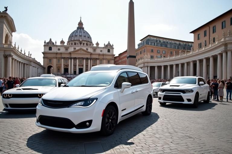 Chrysler Pacifica as a popemobile in St. Peter's Square. Two white Dodge cars flanking the Pacifica. Famous Vatican architecture in background. Bright sunny day. Vehicles prominently displayed.