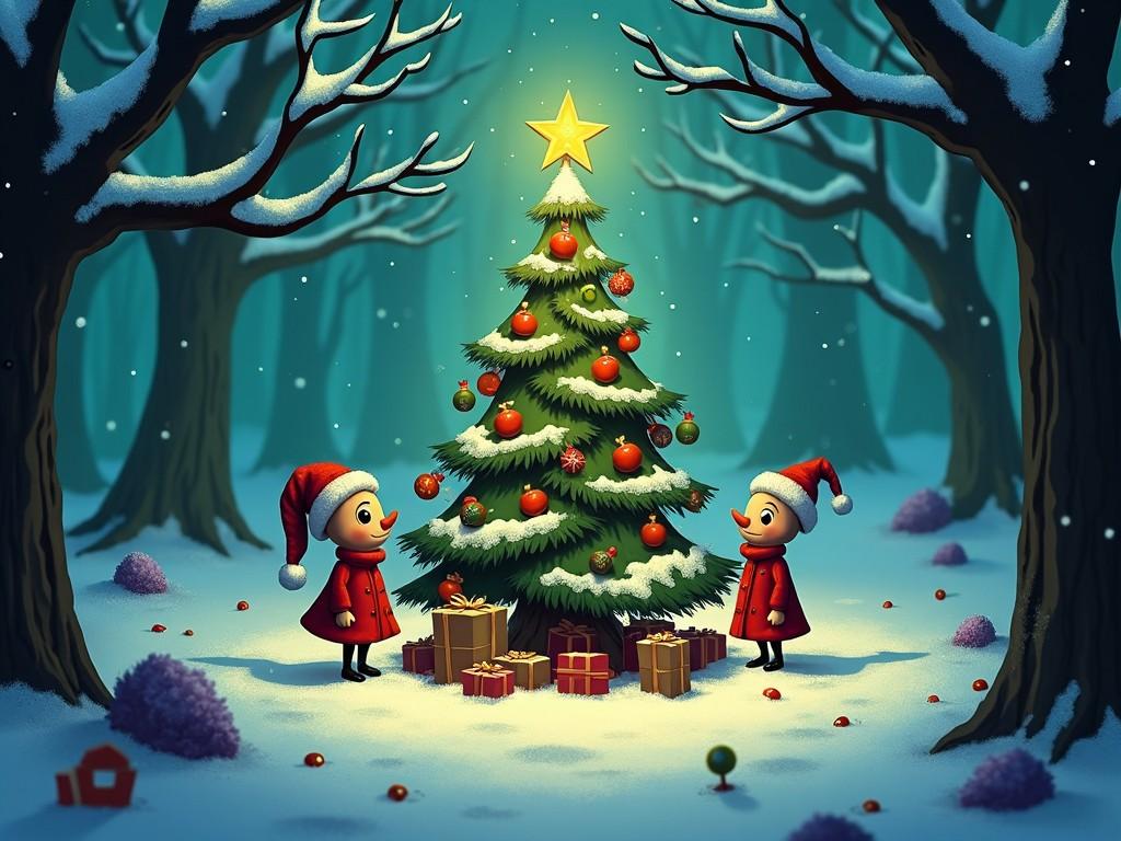 The scene illustrates a whimsical winter landscape during Christmas. Two cartoon characters, dressed in red, stand beside a brightly decorated Christmas tree. The tree is adorned with ornaments and topped with a shining star. Snow gently falls around them, creating a magical atmosphere. Various presents are stacked beneath the tree, adding to the festive mood. The background features tall, snowy trees, contributing to the winter wonderland feel.