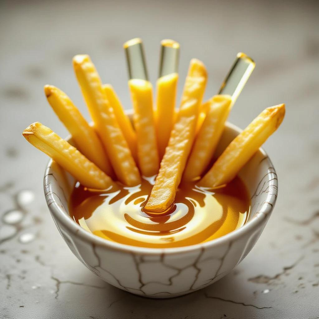 A sleek still life features translucent glass rods styled as French fries. Arranged in a cracked porcelain bowl with liquid gold as dipping sauce. Studio product photography captures light refraction.