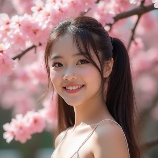 Portrait of a girl standing in a cherry blossom garden in Bandung, Indonesia. Girl has long hair styled in twin ponytails. She is smiling. Background consists of soft pink cherry blossoms. The image captures a charming and visually appealing moment.