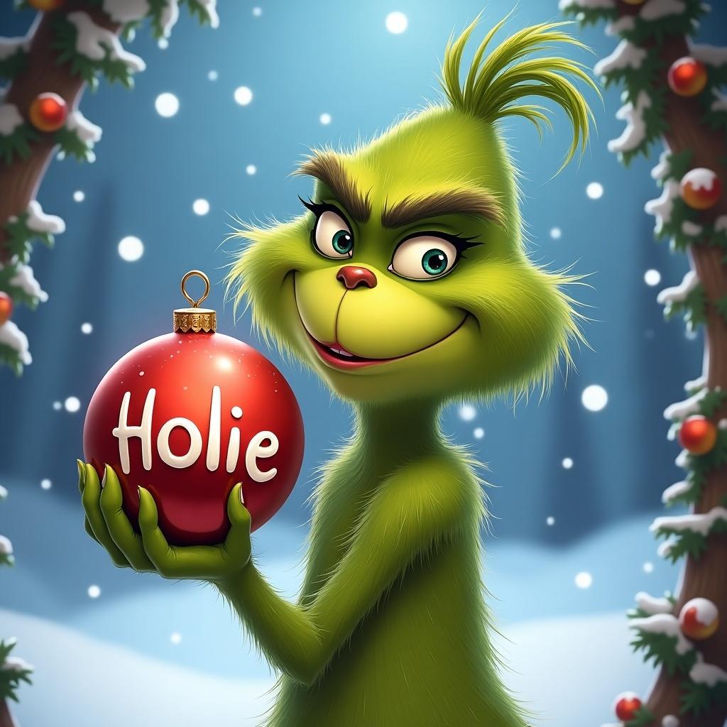 A cartoon version of the Grinch holds a red bauble labeled 'Hollie' in a wintery setting. The background features snow and Christmas decorations.