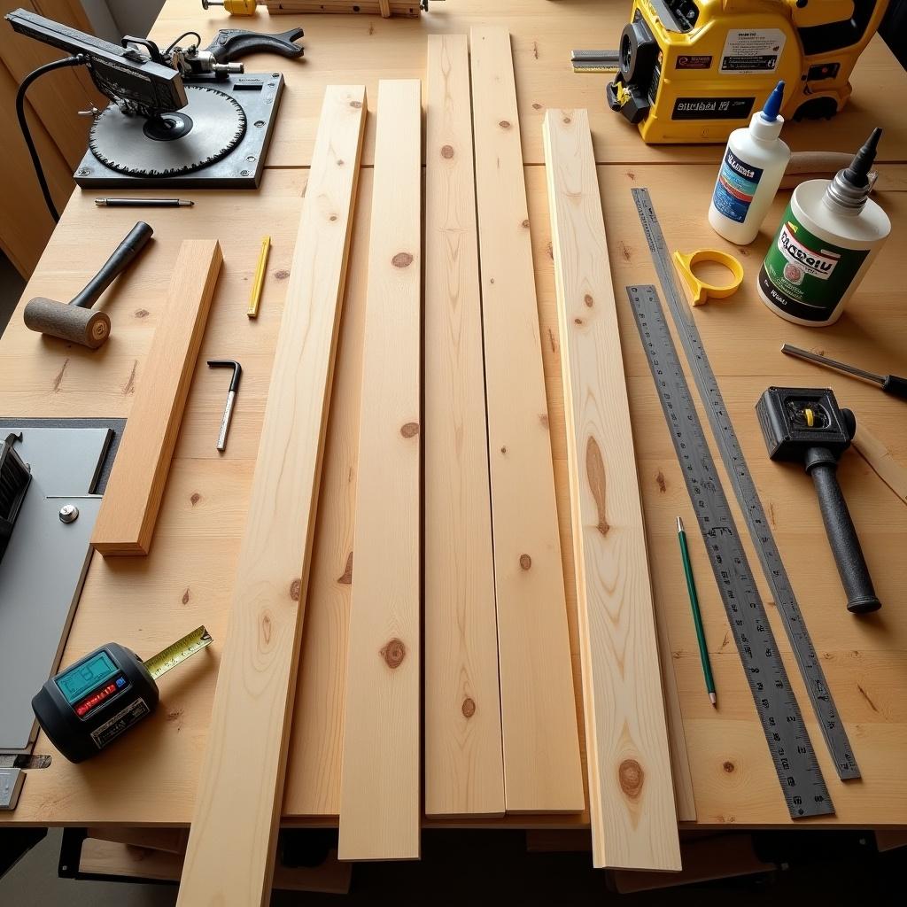 Abstract depiction of a workbench with timber flooring planks. Tools like a table saw, hand saw, measuring tape, wood glue, straight edge, pencil, mallet, and clamps are scattered on it.