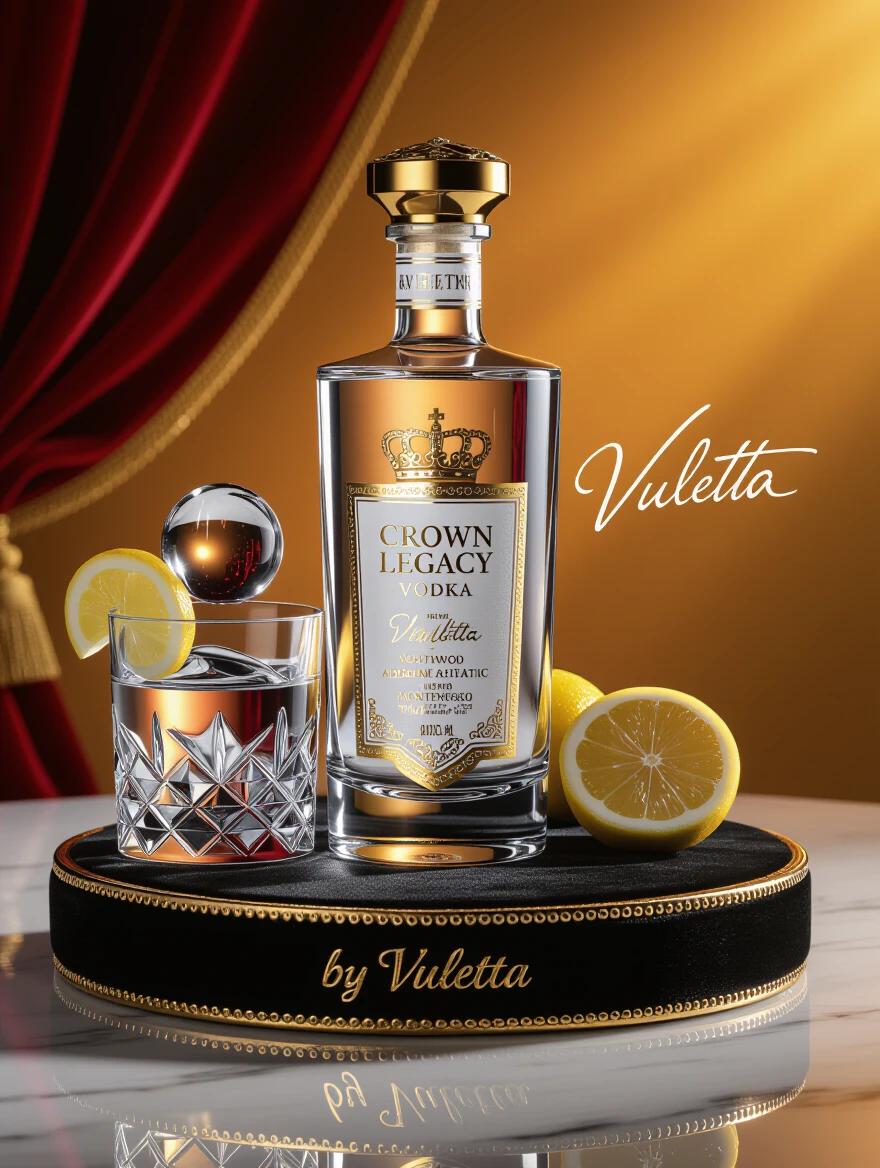 A high-fashion product shot of a couture-grade vodka bottle named Crown Legacy. The elegant bottle features a golden embossed crown emblem. Beside it is a crystal glass with a large spherical ice cube and a lemon slice. The vodka is clear, showcasing exceptional quality. The base is black velvet, conveying luxury. The background has rich reds and warm golds that enhance the royal theme. Lighting highlights elegance and exclusivity.