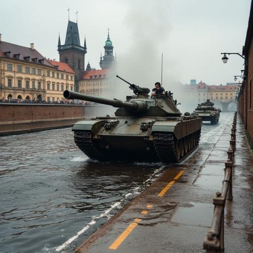 Tank battle scene at Charles Bridge in Prague with tanks on a flooded street.