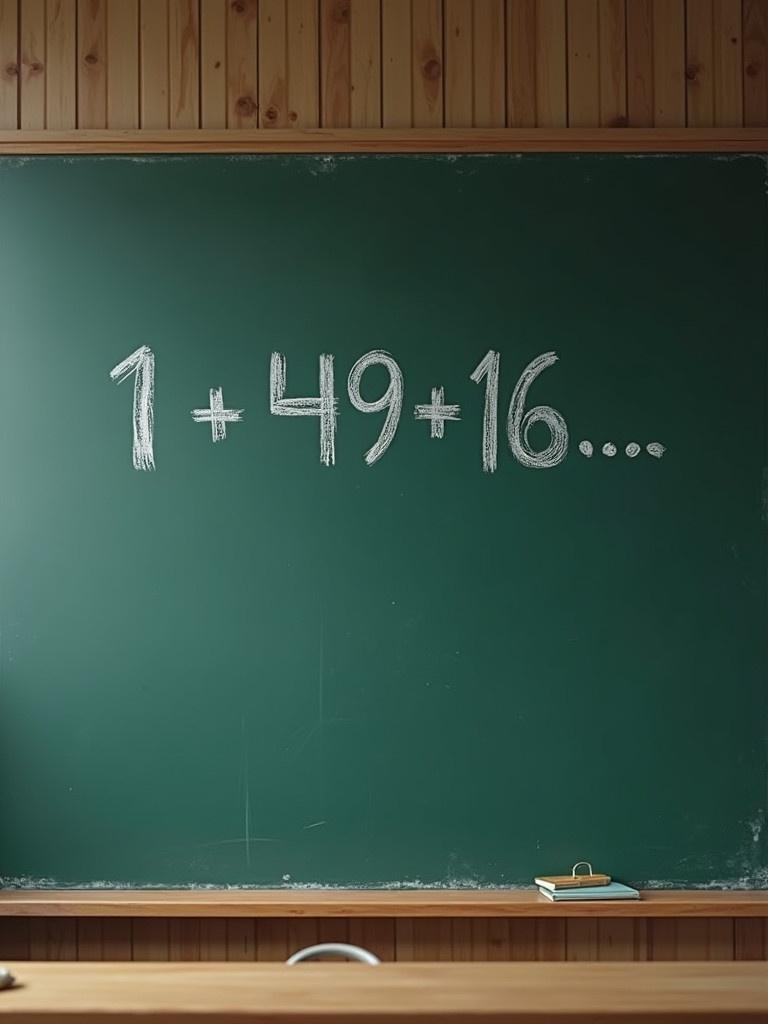 Blackboard in a classroom. Mathematical equation written in chalk. Expression includes numbers one four nine sixteen and ellipsis. Wooden table visible at bottom.