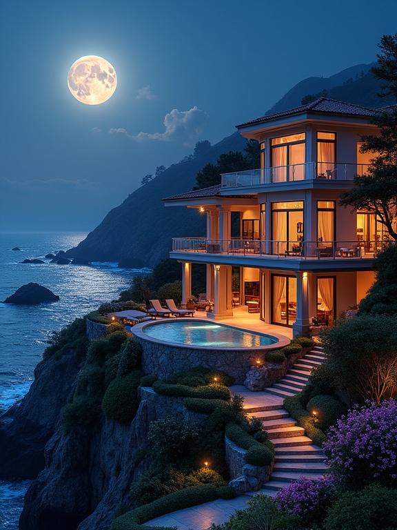 Digital rendering of a luxurious Mediterranean-style mansion on a coastal hillside. Full moon glowing in the sky. Elegant architecture with curves and glass windows. Lush landscaping and vibrant flowers. Warm lighting inside the home. Ocean view creates a serene atmosphere.