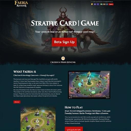 Promotional webpage for Faeria strategy card game. Beta sign-up button visible. Sections explaining game features. Gameplay visual displayed prominently. Fantasy-themed dark design aesthetic.