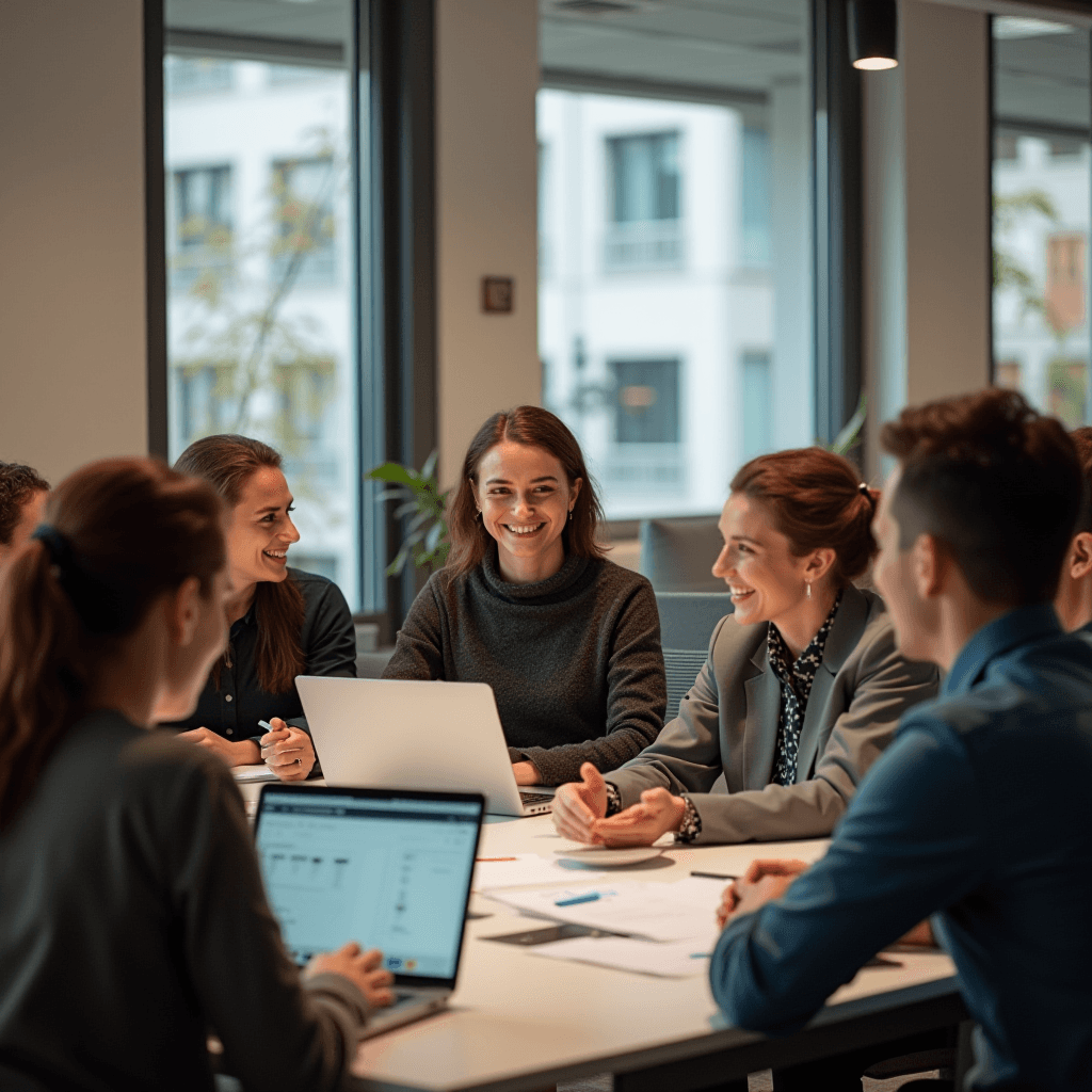 A group of professionals engaged in a lively discussion at a bright, modern office meeting room.