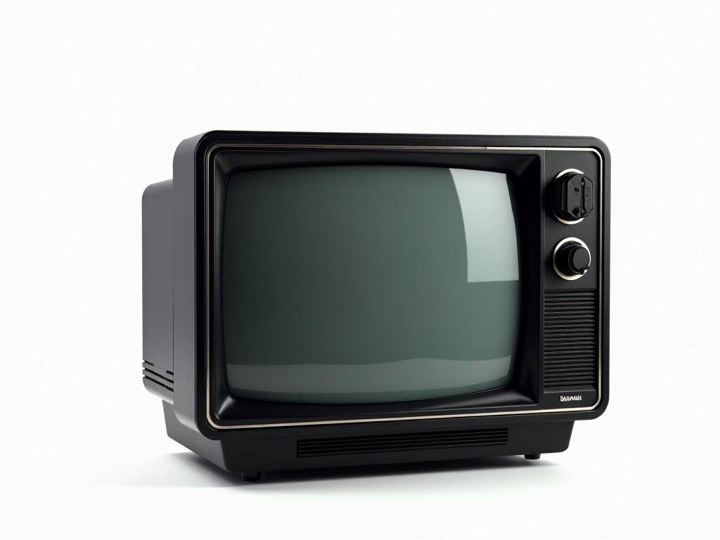 A high-resolution image of a vintage black television set with knobs, captured on a plain background, evoking nostalgia for classic electronics from the mid-20th century.