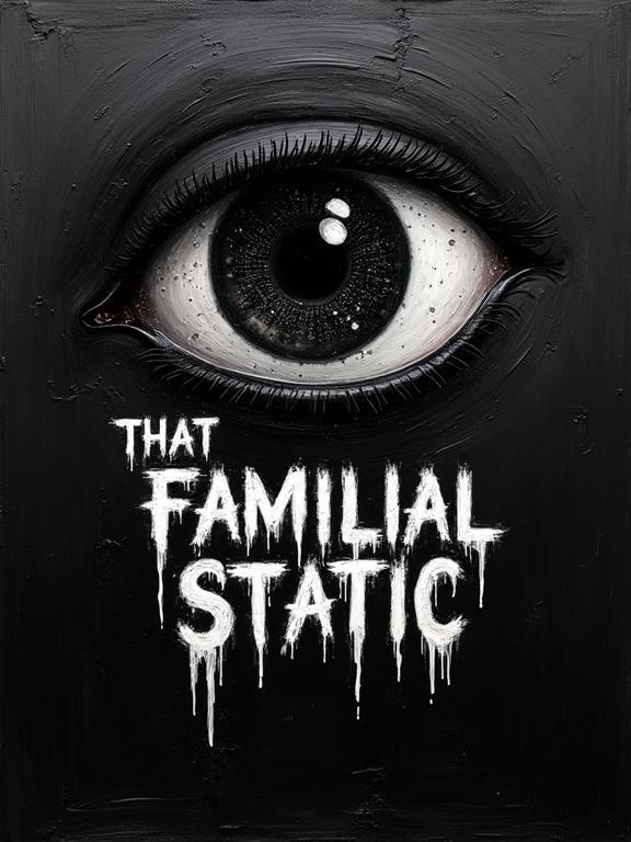 An extremely rough oil sketch on a rough textured black background. A distorted silhouette human eye emerges diagonally from the top corner. The eye is filled with a swirling static void. White distorted shadows stretch below the eyelid, spelling out 'That Familial Static' in scratchy long warped lettering.