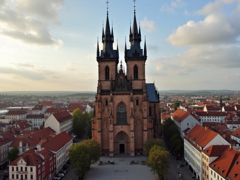 Aerial view of Erfurt Cathedral. The Gothic architectural style is prominent with spires and detailed brickwork. Surrounding cityscape features red-roofed buildings and green trees. Soft lighting illuminates the scene. Beautiful sky in the background.